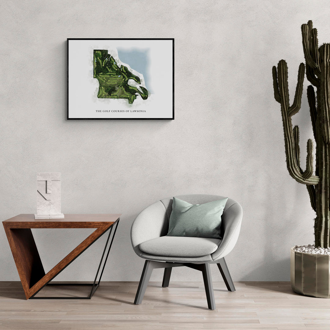 Classic Map of The Golf Courses Of Lawsonia in a living room with large cactus plant