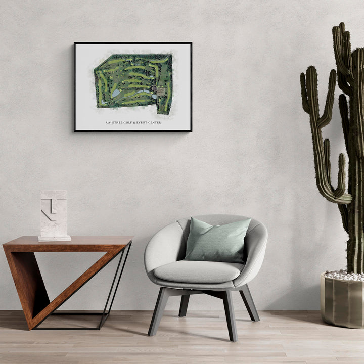 Classic Map of Raintree Golf &amp; Event Center in a living room with large cactus plant