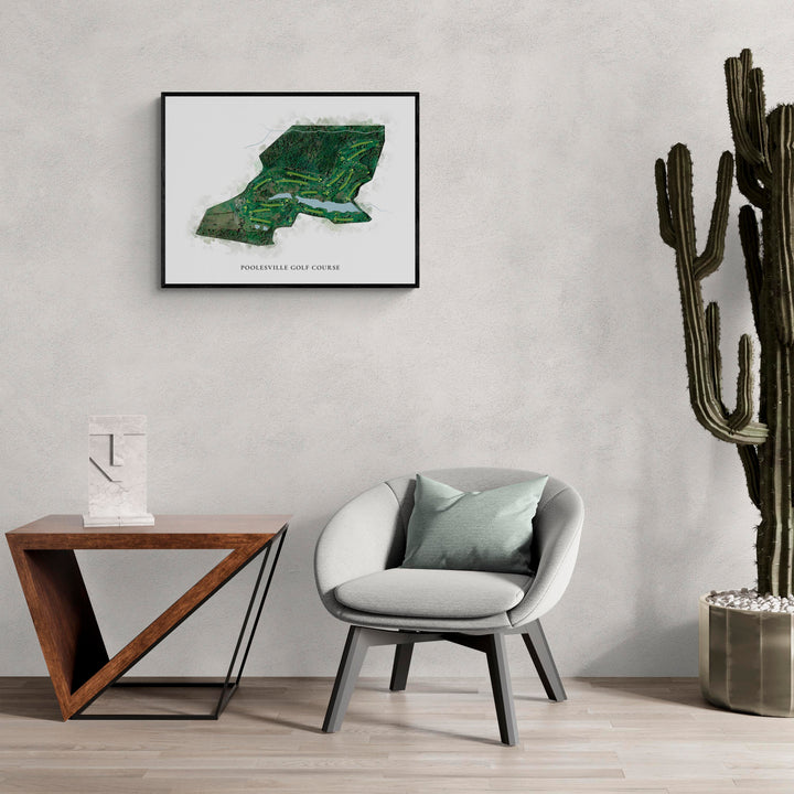 Classic Map of Poolesville Golf Course in a living room with large cactus plant