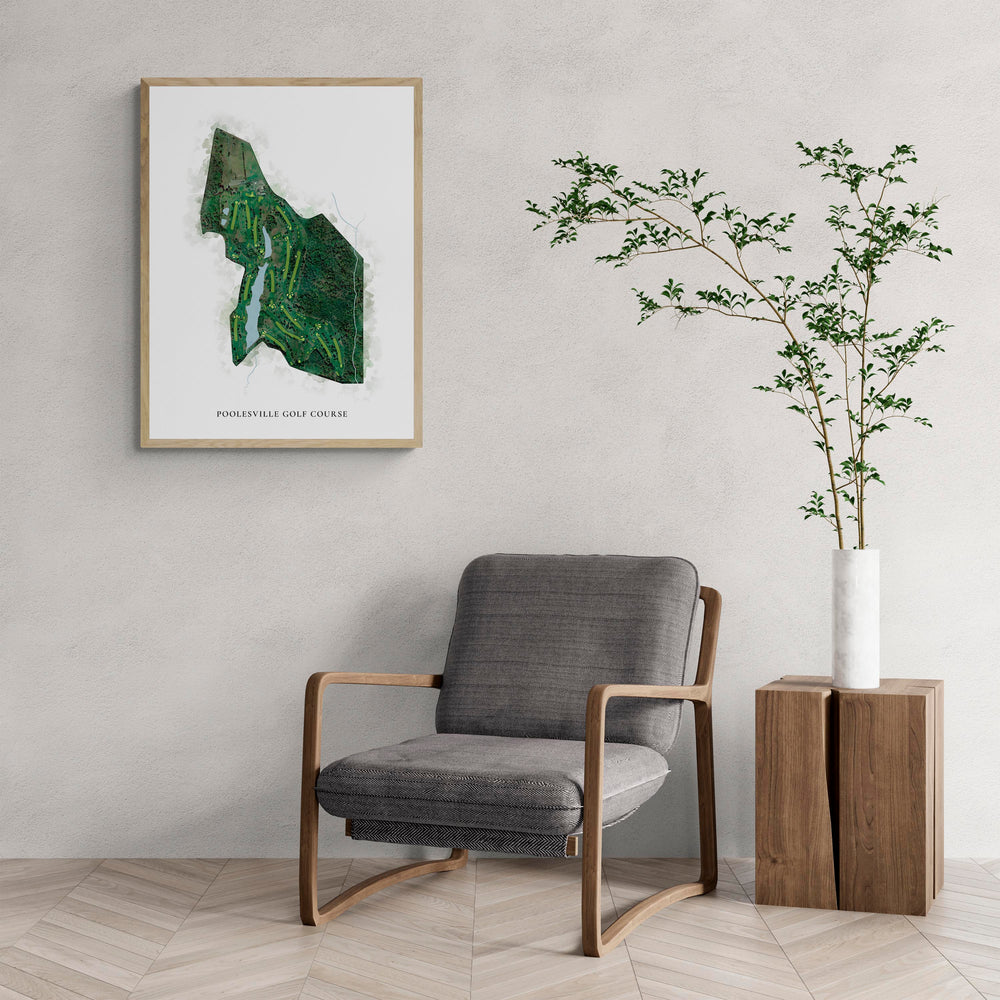 Classic Map of Poolesville Golf Course with a comfy armchair and large plant