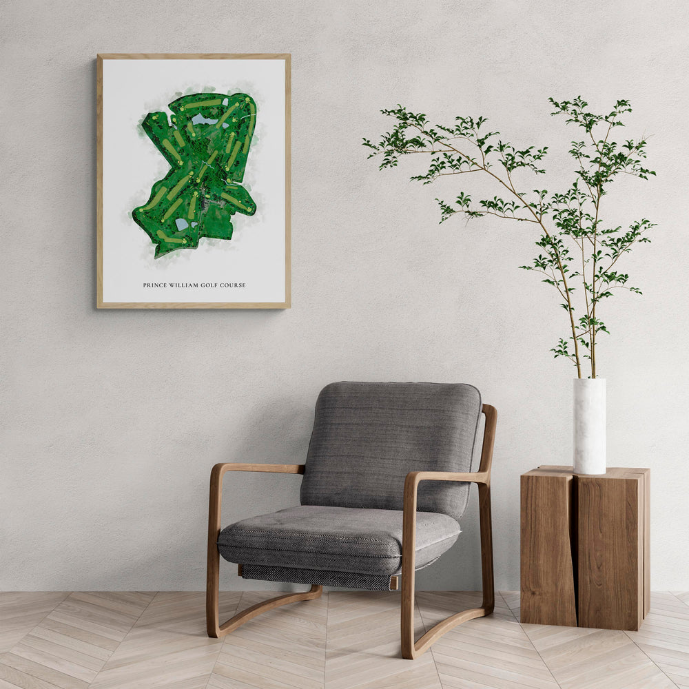 Classic Map of Prince William Golf Course with a comfy armchair and large plant