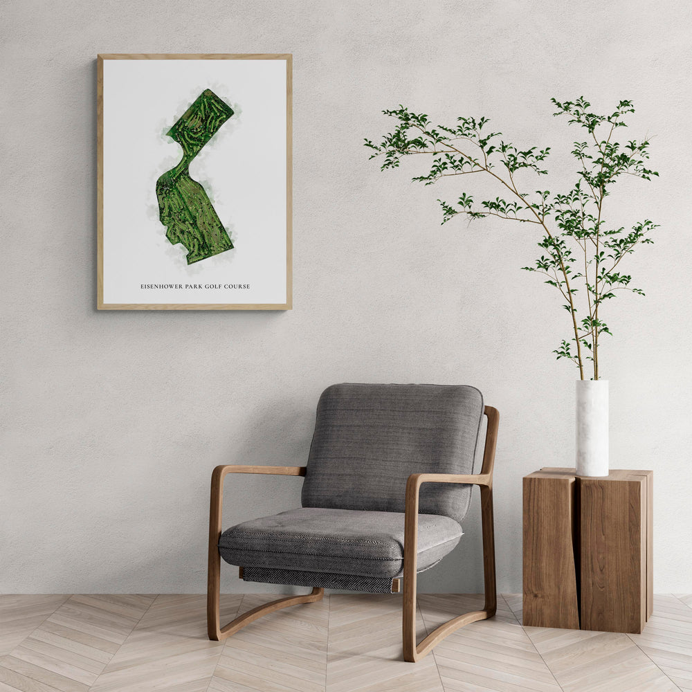 Classic Map of Eisenhower Park Golf Course with a comfy armchair and large plant