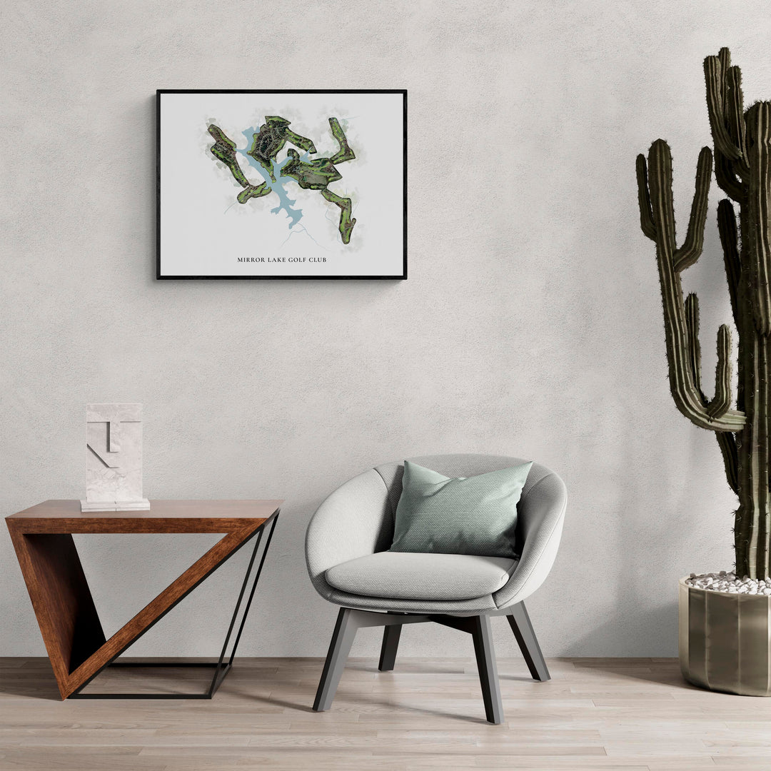Classic Map of Mirror Lake Golf Club in a living room with large cactus plant