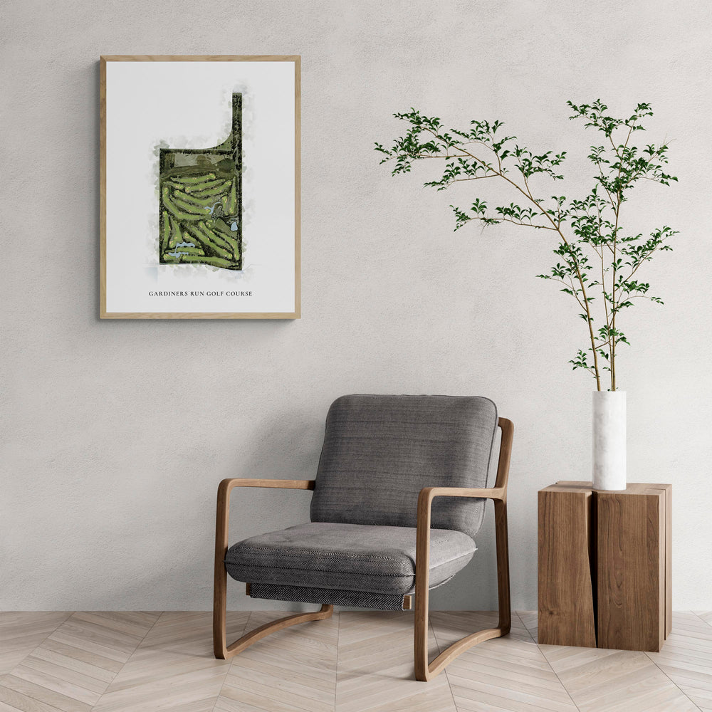 Classic Map of Gardiners Run Golf Course with a comfy armchair and large plant