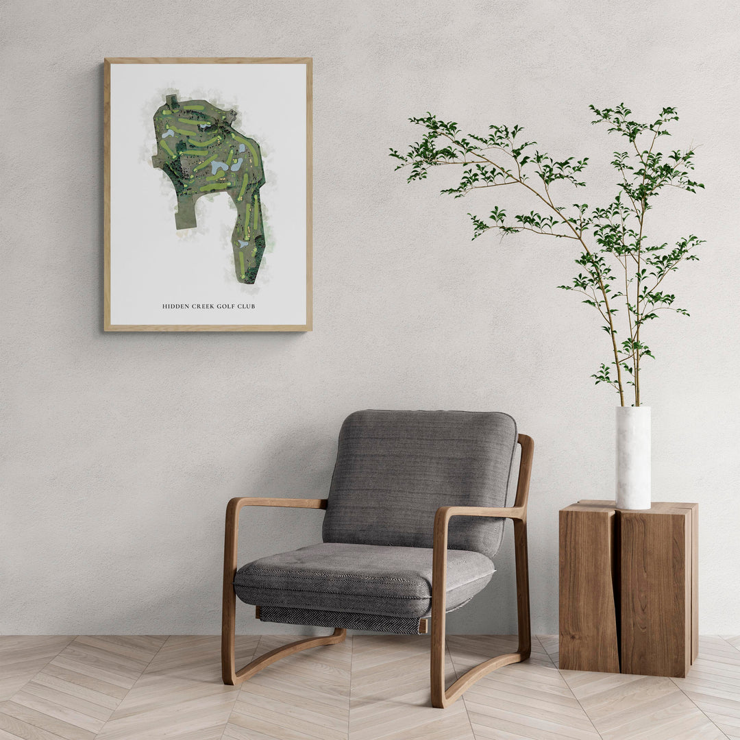 Classic Map of Hidden Creek Golf Club with a comfy armchair and large plant