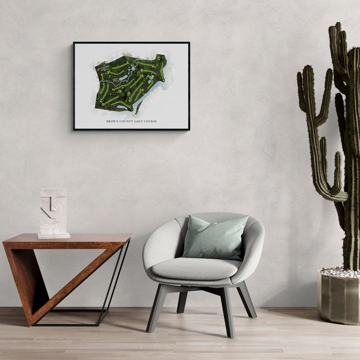 Classic Map of Brown County Golf Course in a living room with large cactus plant