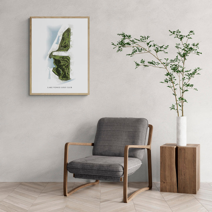 Classic Map of Lake Venice Golf Club with a comfy armchair and large plant