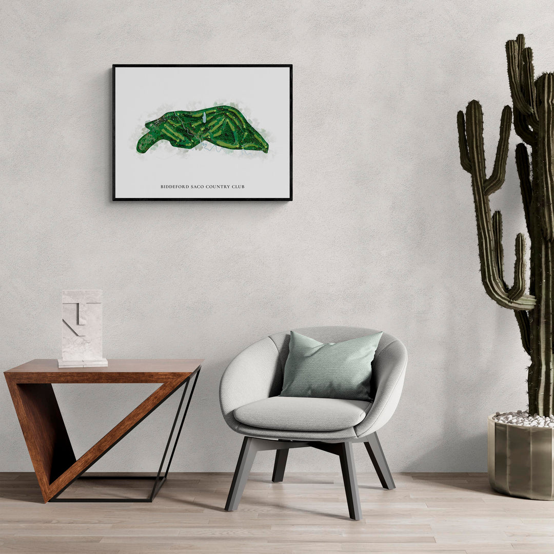 Classic Map of Biddeford Saco Country Club in a living room with large cactus plant