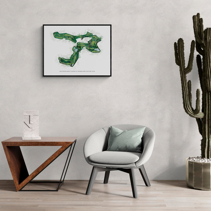 Classic Map of The Tournament Course At Woodlands Country Club in a living room with large cactus plant