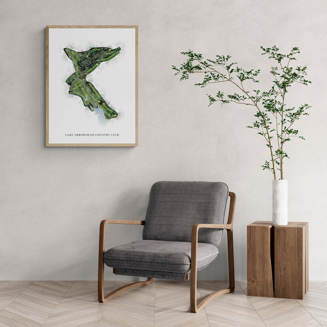 Classic Map of Lake Arrowhead Country Club with a comfy armchair and large plant