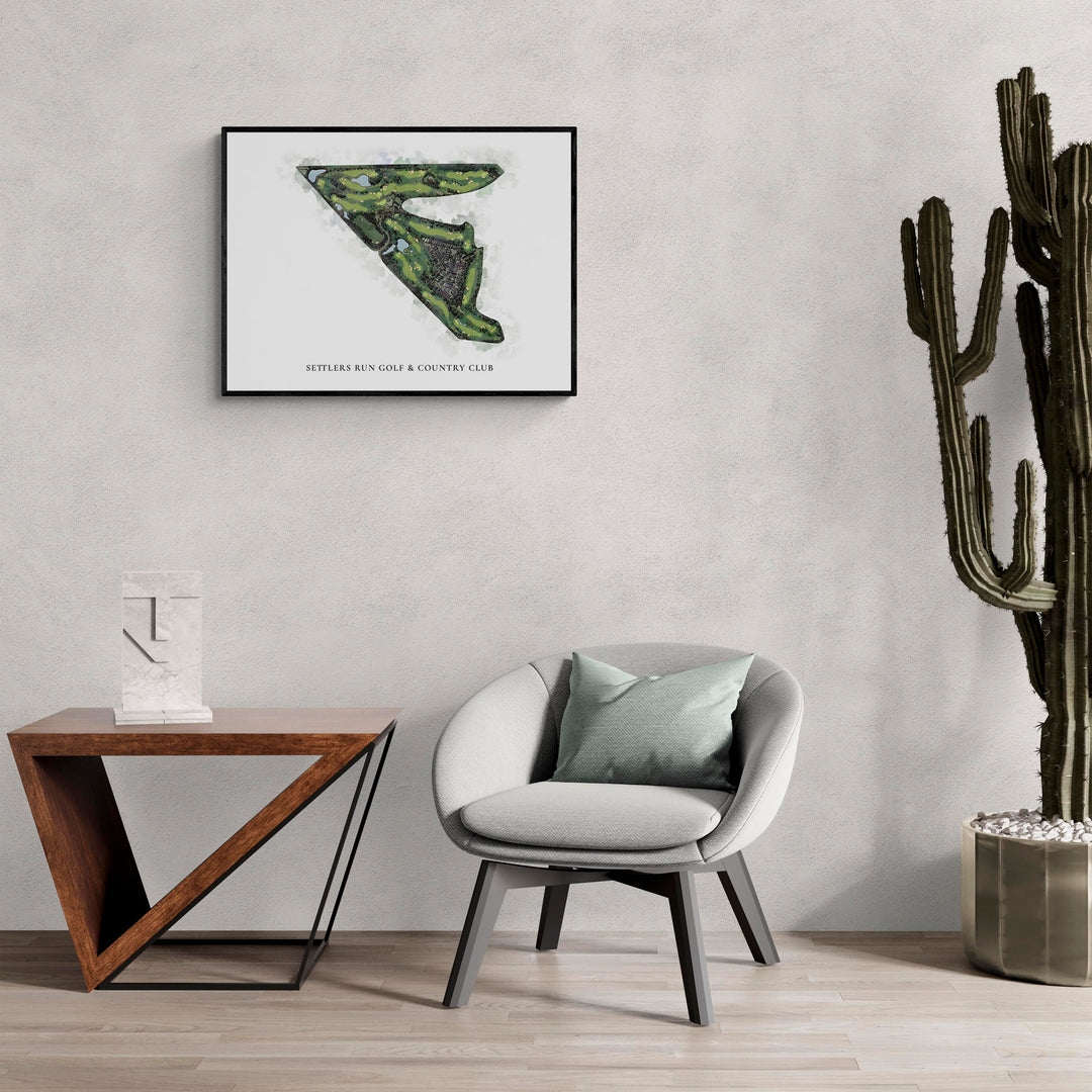 Classic Map of Settlers Run Golf & Country Club in a living room with large cactus plant