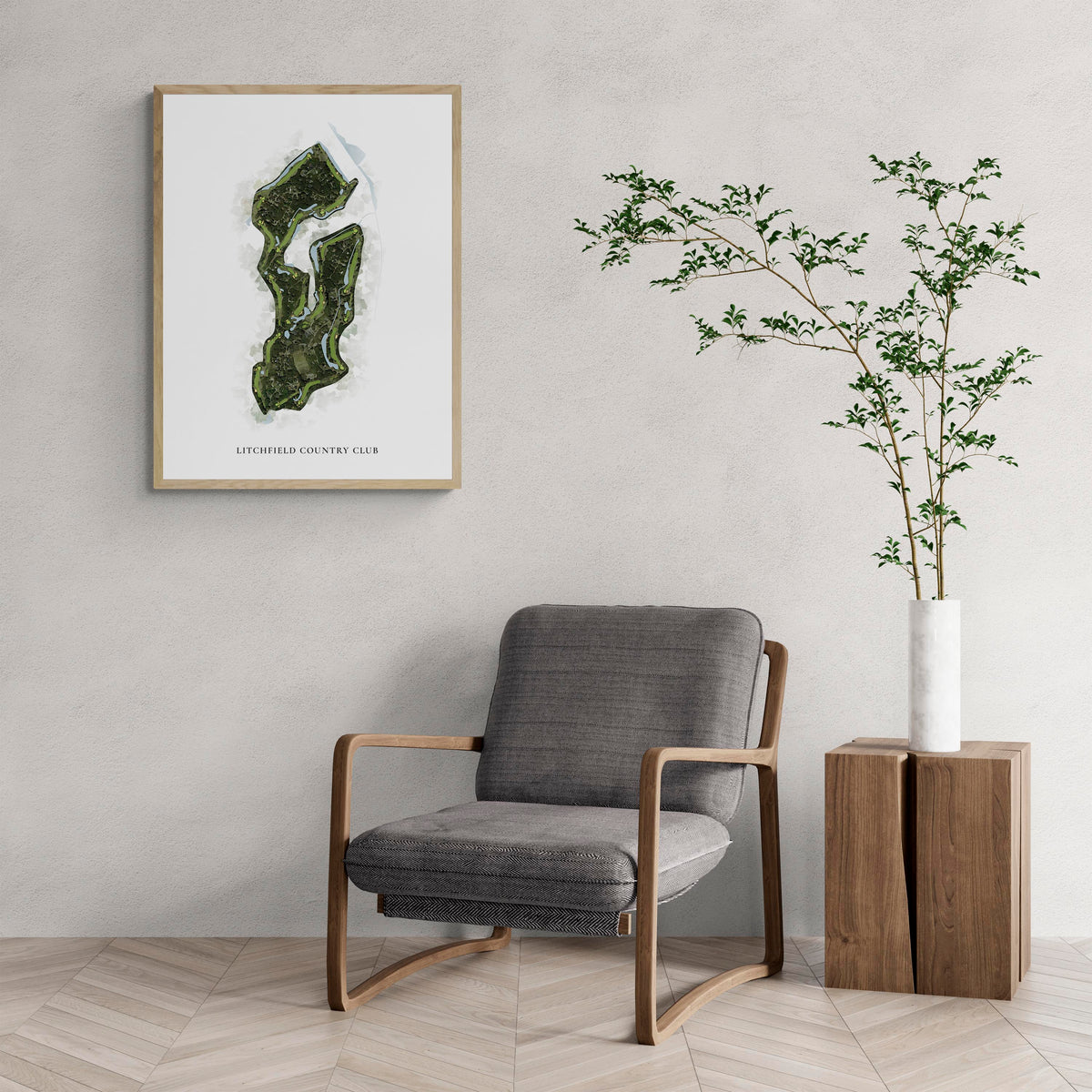 Classic Map of Litchfield Country Club with a comfy armchair and large plant