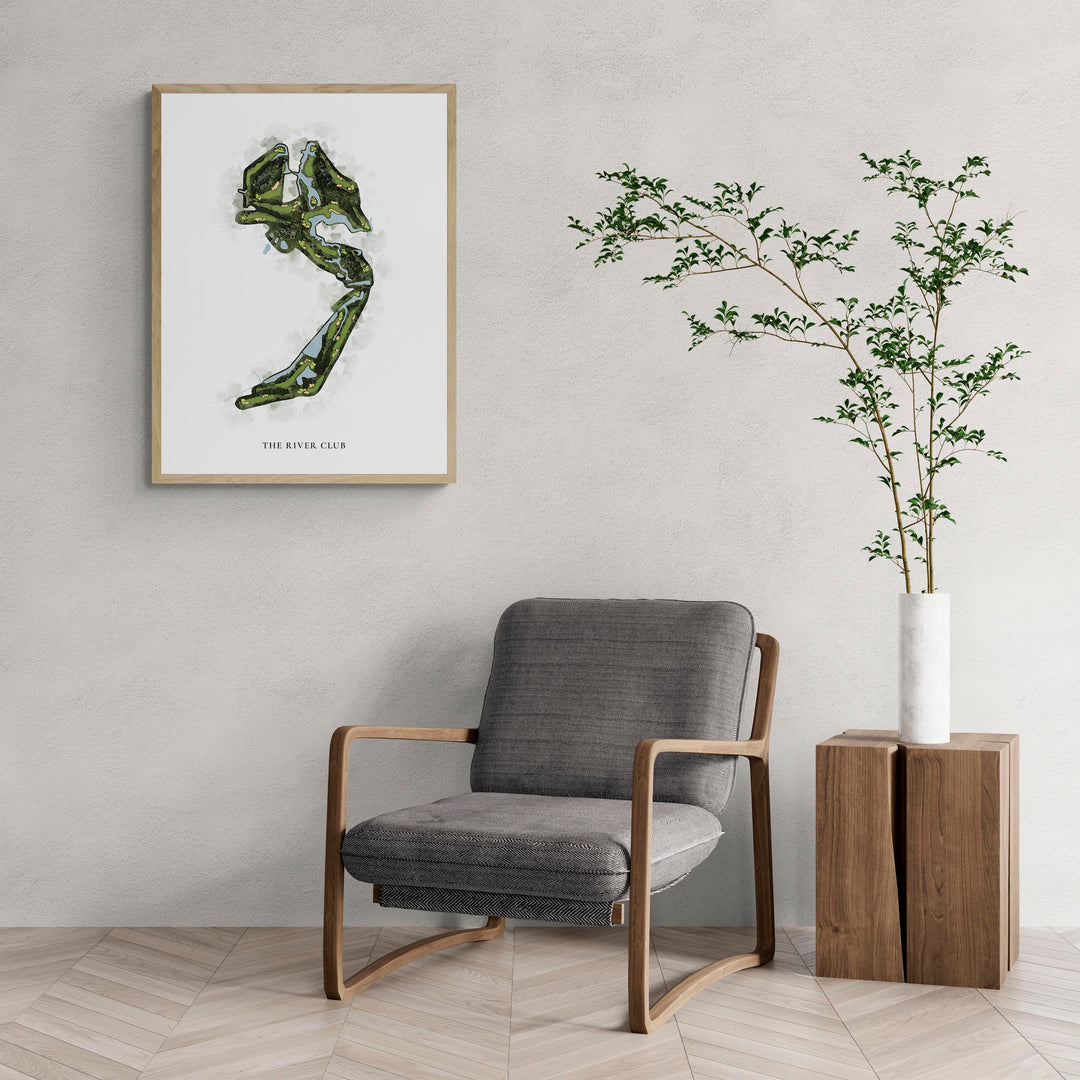 Classic Map of The River Club with a comfy armchair and large plant