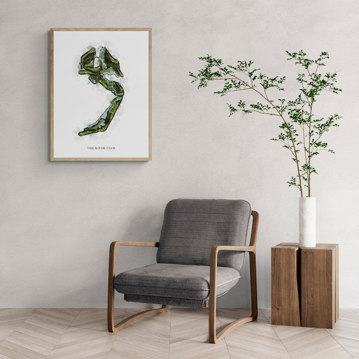 Classic Map of The River Club with a comfy armchair and large plant
