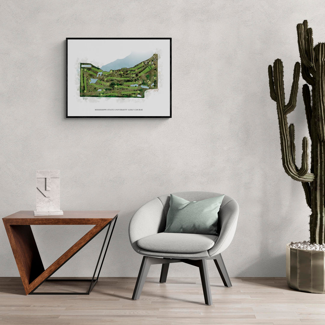 Classic Map of Mississippi State University Golf Course in a living room with large cactus plant