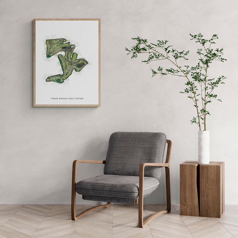 Classic Map of Three Ridges Golf Course with a comfy armchair and large plant