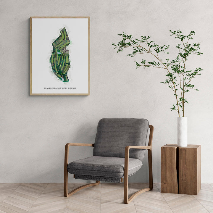 Classic Map of Beaver Meadow Golf Course with a comfy armchair and large plant