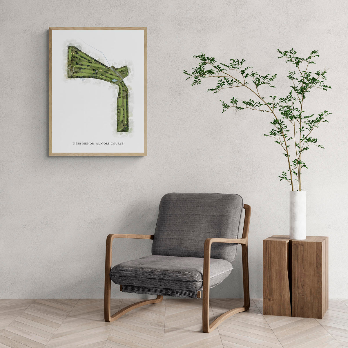 Classic Map of Webb Memorial Golf Course with a comfy armchair and large plant