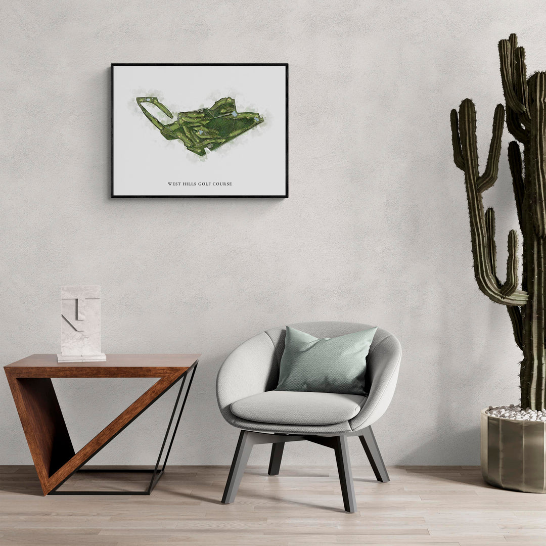 Classic Map of West Hills Golf Course in a living room with large cactus plant