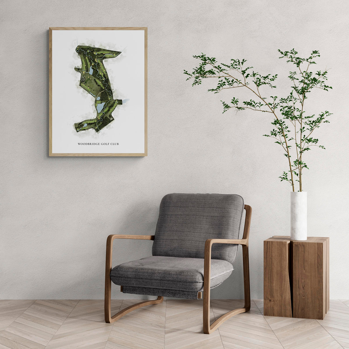 Classic Map of Woodbridge Golf Club with a comfy armchair and large plant
