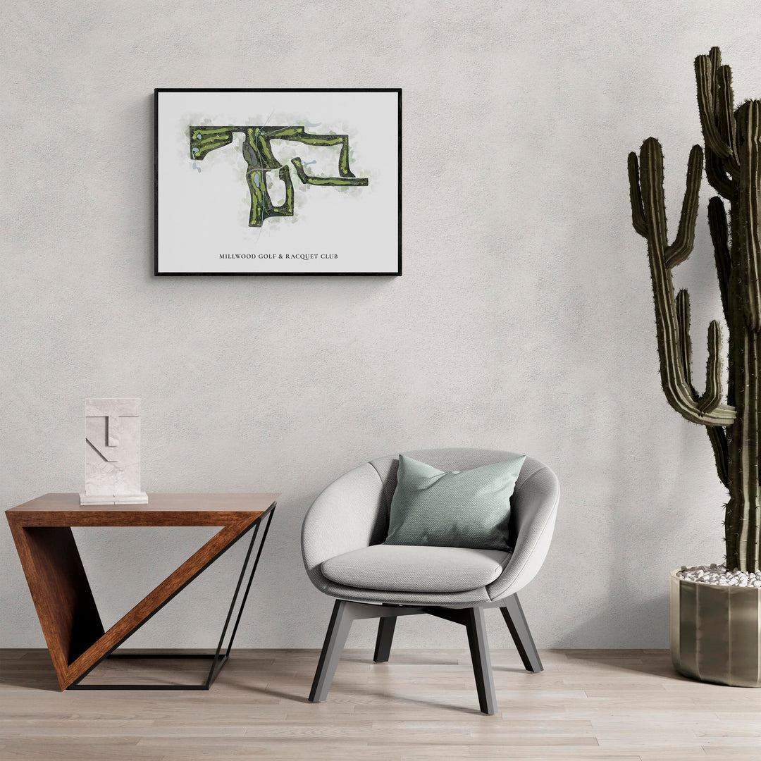 Classic Map of Millwood Golf &amp; Racquet Club in a living room with large cactus plant