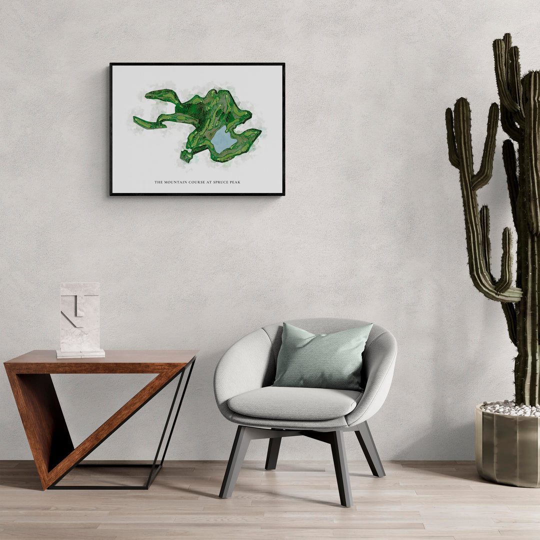 Classic Map of The Mountain Course At Spruce Peak in a living room with large cactus plant