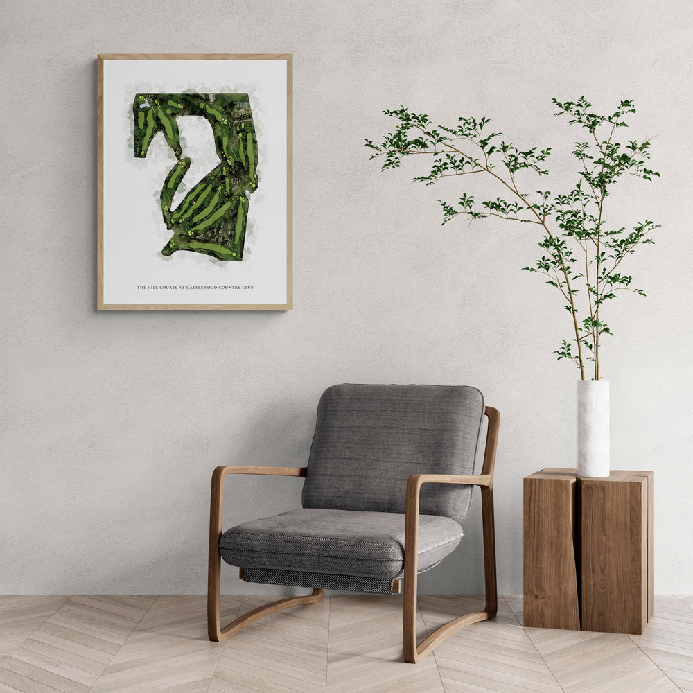 Classic Map of The Hill Course At Castlewood Country Club with a comfy armchair and large plant