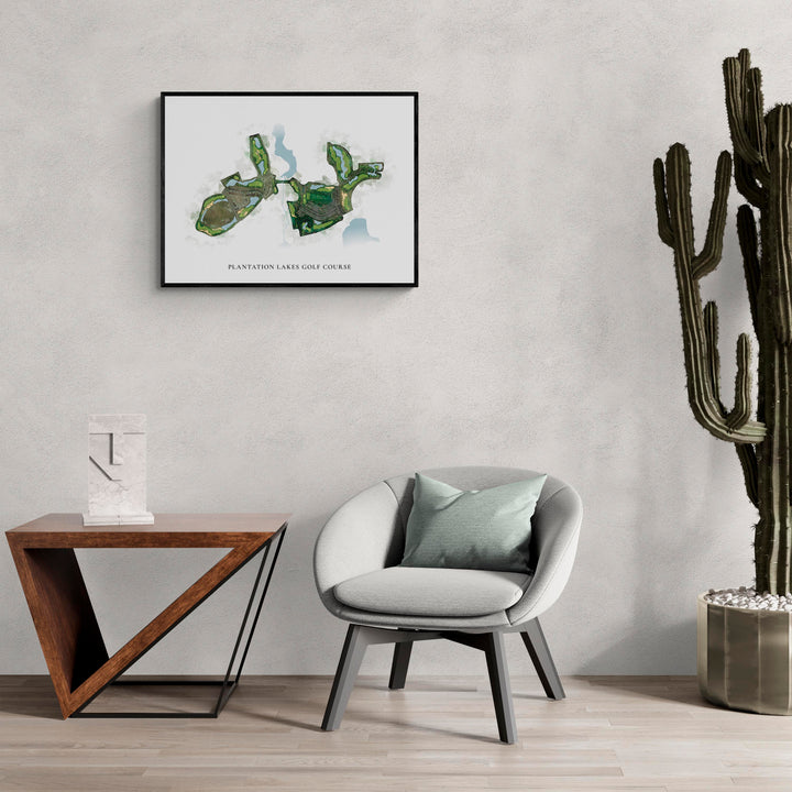 Classic Map of Plantation Lakes Golf Course in a living room with large cactus plant