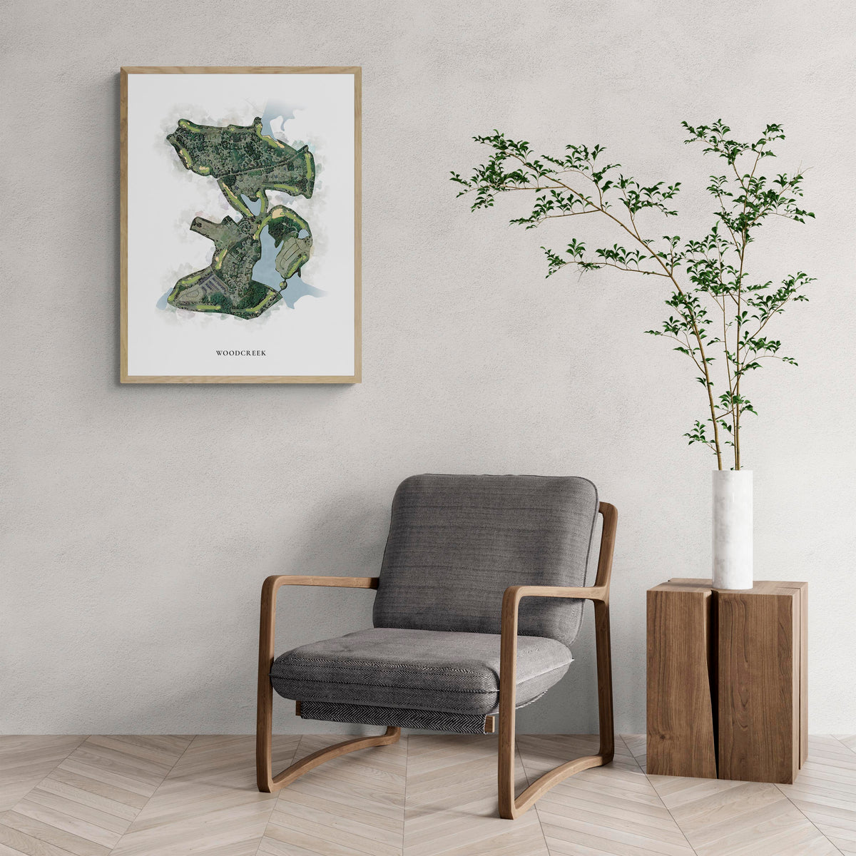 Classic Map of Woodcreek with a comfy armchair and large plant