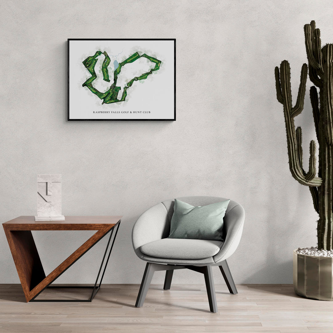 Classic Map of Raspberry Falls Golf & Hunt Club in a living room with large cactus plant