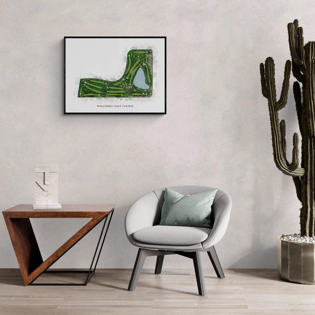 Classic Map of Wellshire Golf Course in a living room with large cactus plant