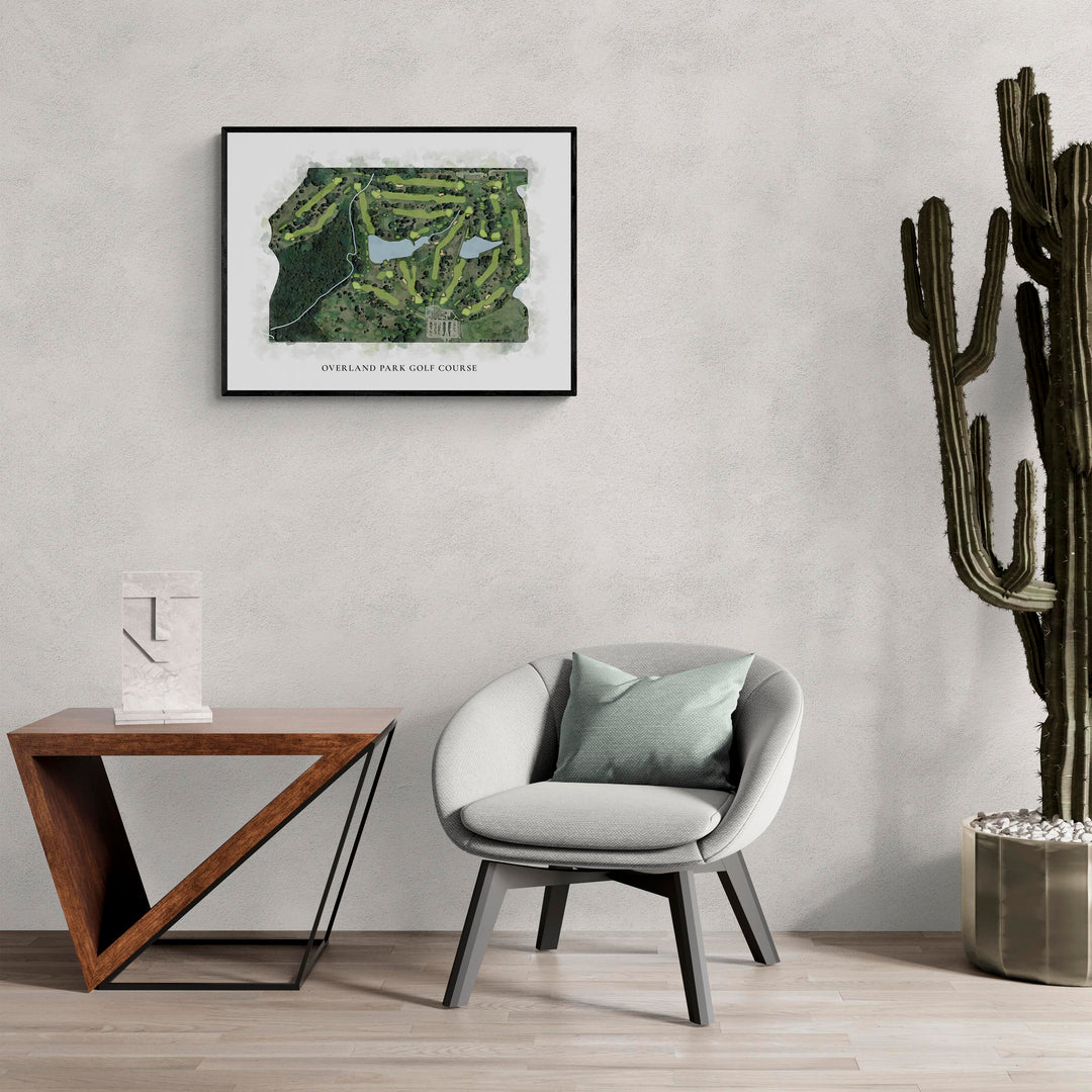 Classic Map of Overland Park Golf Course in a living room with large cactus plant