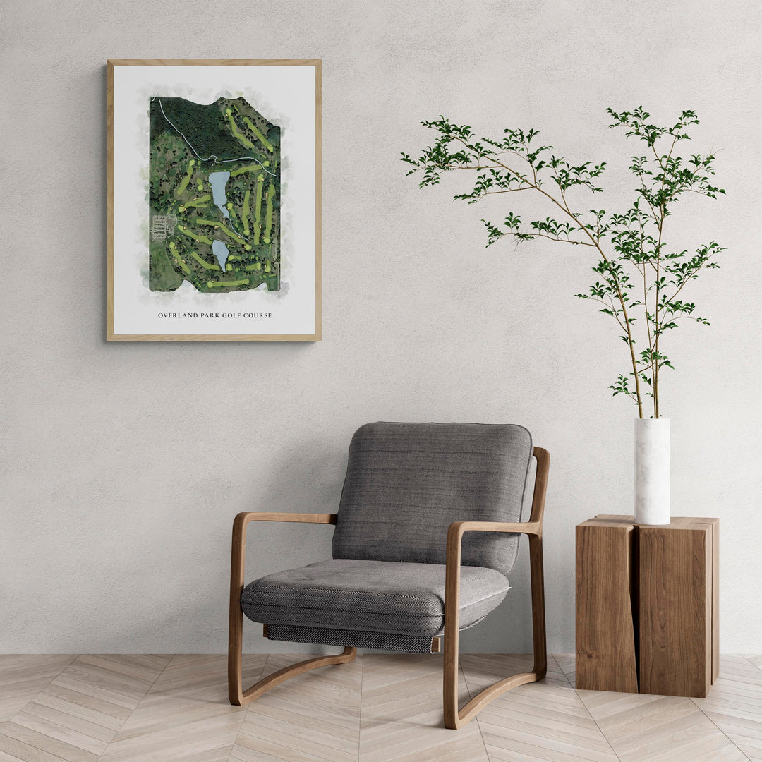 Classic Map of Overland Park Golf Course with a comfy armchair and large plant