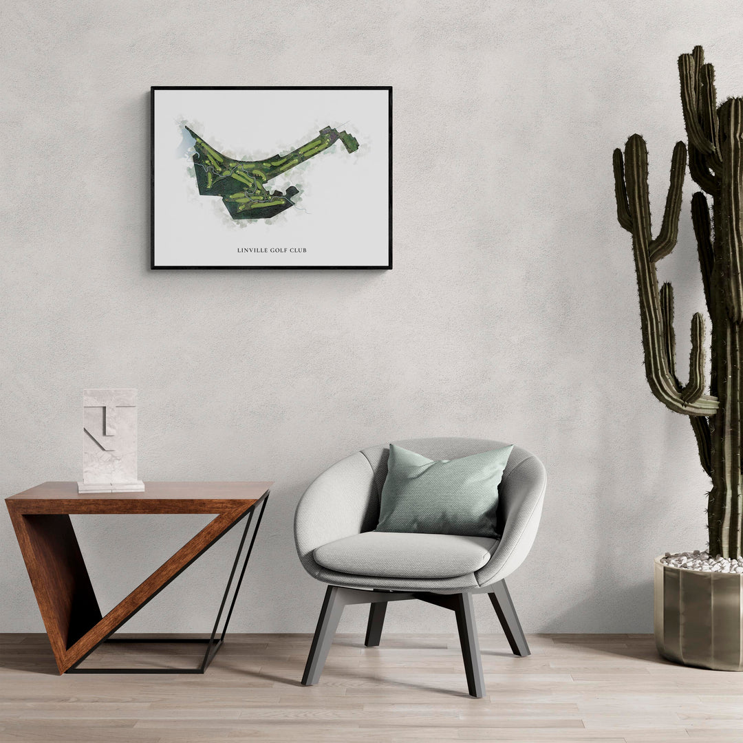 Classic Map of Linville Golf Club in a living room with large cactus plant