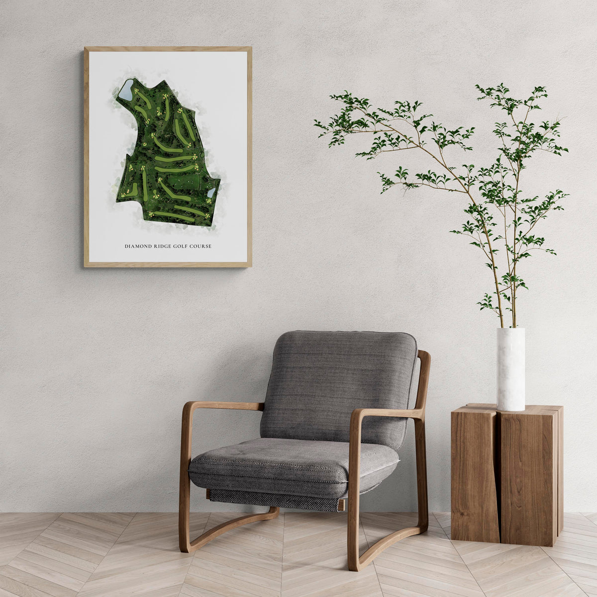 Classic Map of Diamond Ridge Golf Course with a comfy armchair and large plant