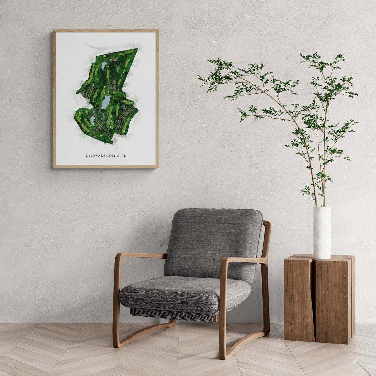 Classic Map of Delaware Golf Club with a comfy armchair and large plant