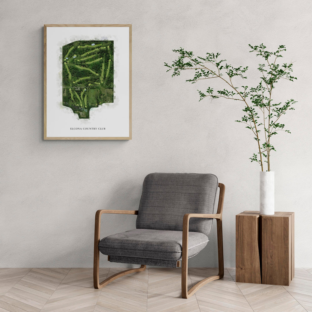 Classic Map of Elcona Country Club with a comfy armchair and large plant