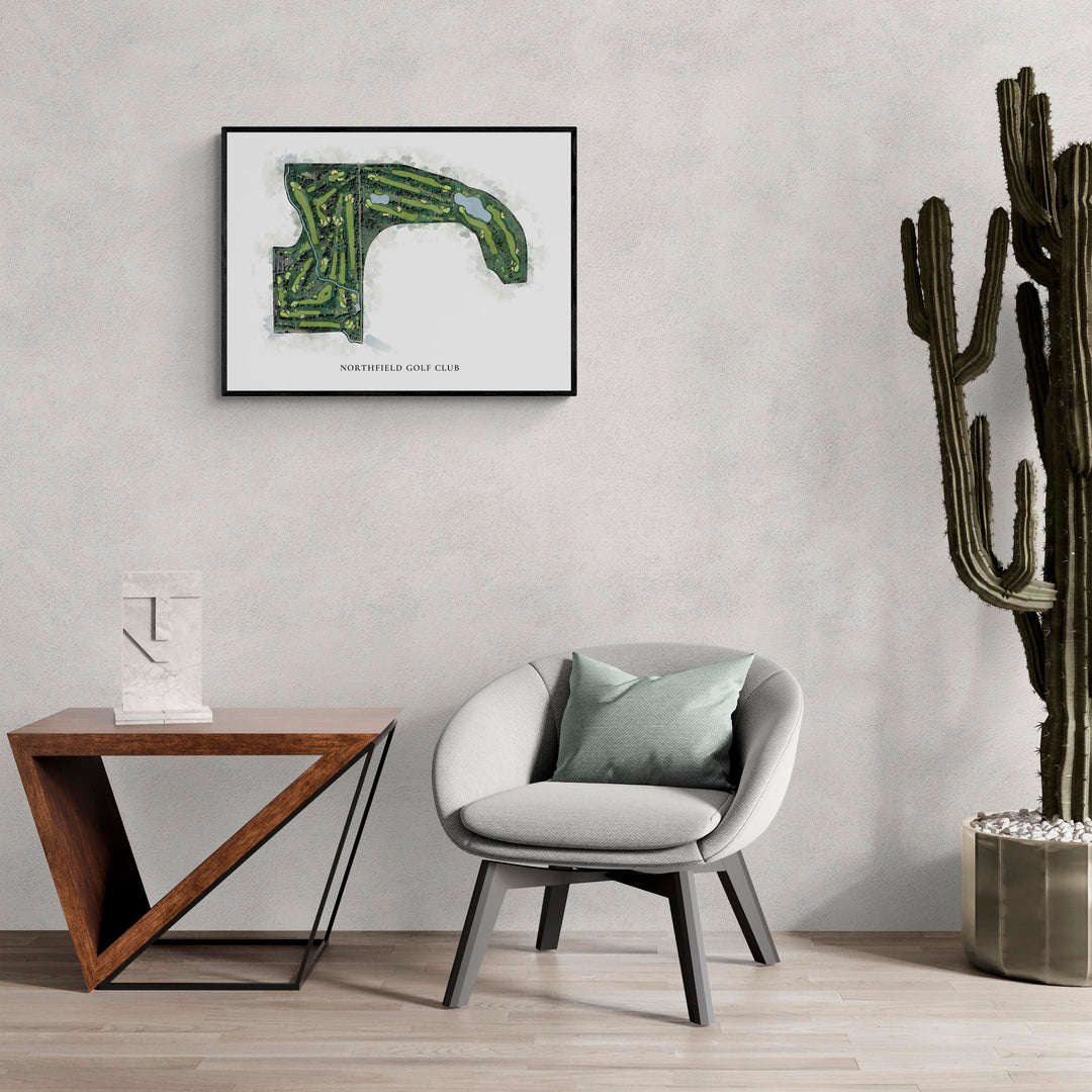 Classic Map of Northfield Golf Club in a living room with large cactus plant