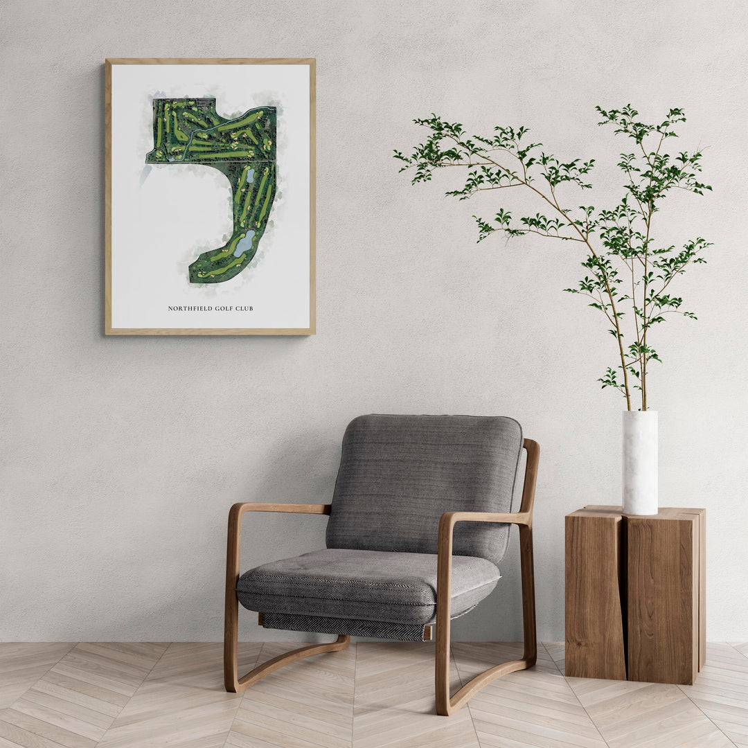Classic Map of Northfield Golf Club with a comfy armchair and large plant