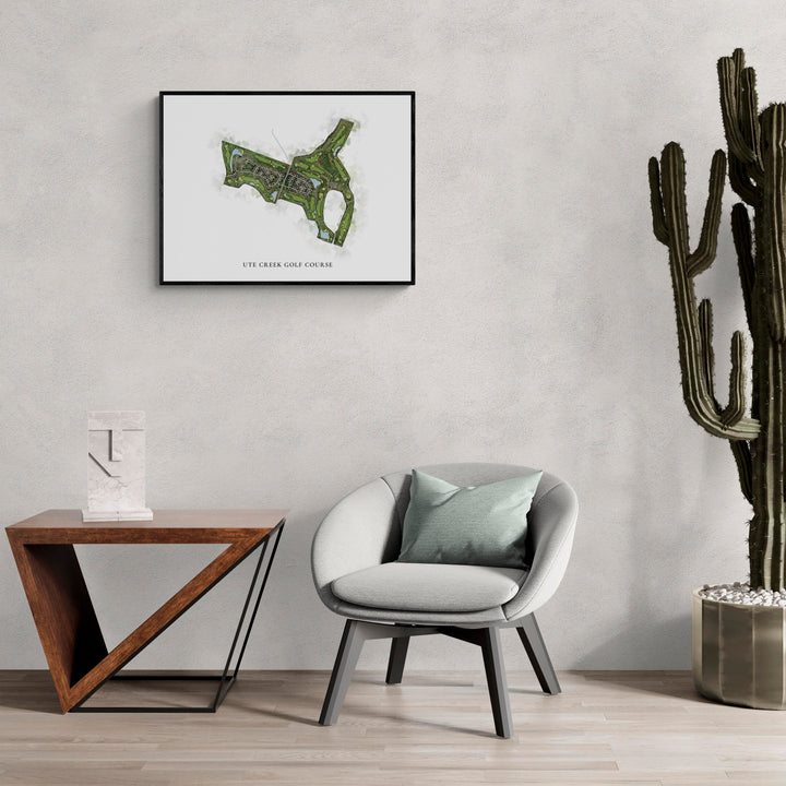 Classic Map of Ute Creek Golf Course in a living room with large cactus plant