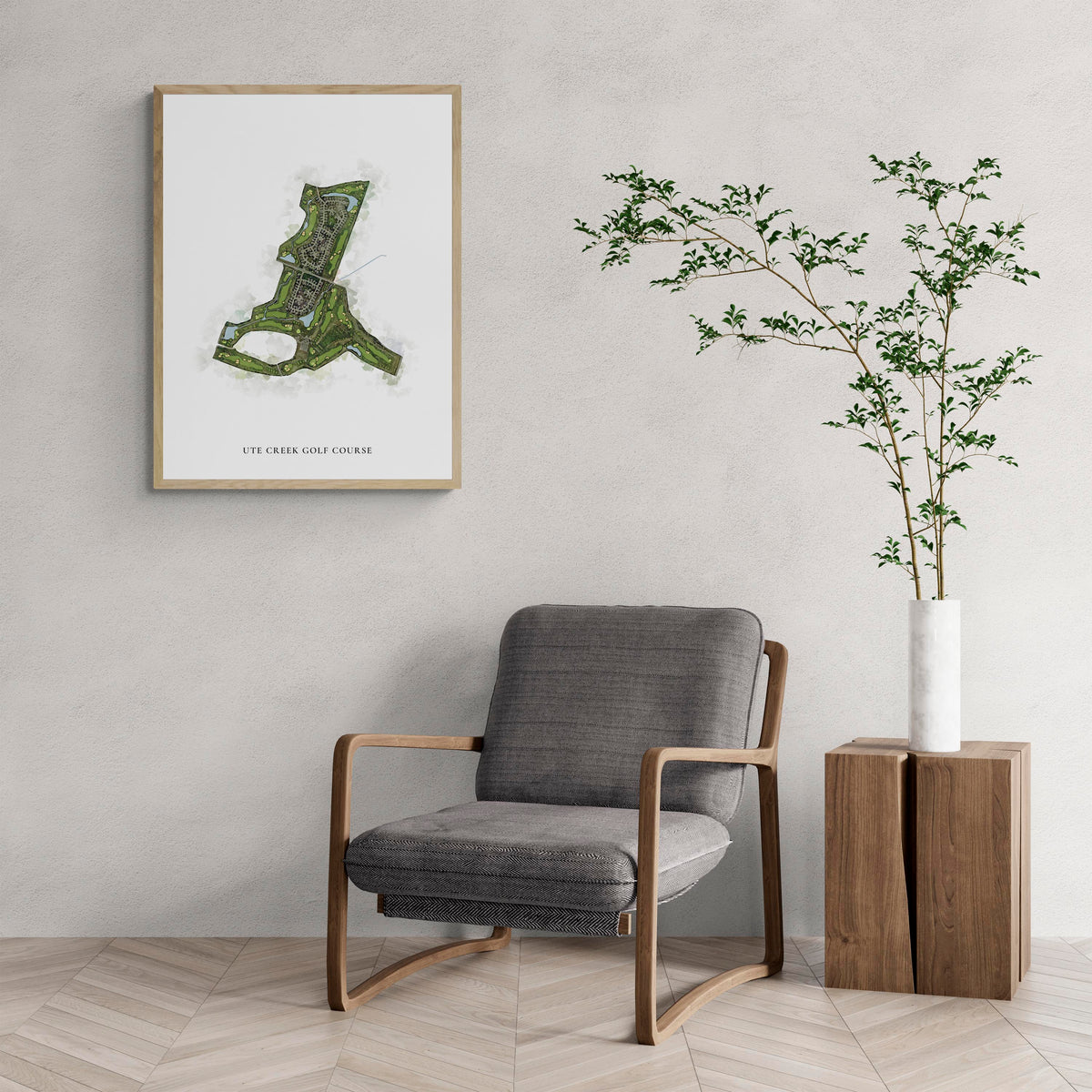 Classic Map of Ute Creek Golf Course with a comfy armchair and large plant