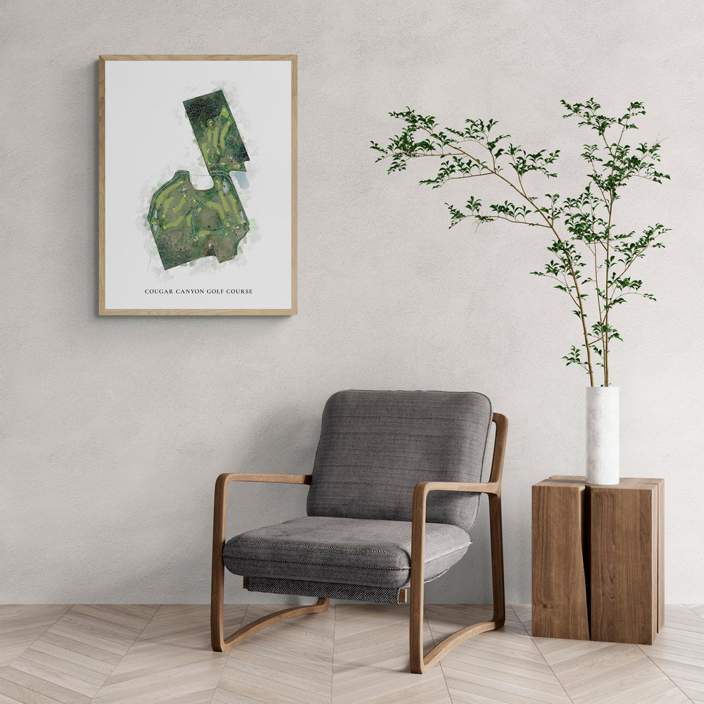 Classic Map of Cougar Canyon Golf Course with a comfy armchair and large plant