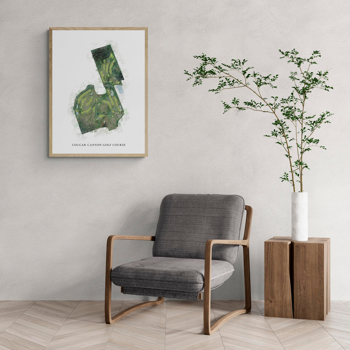Classic Map of Cougar Canyon Golf Course with a comfy armchair and large plant