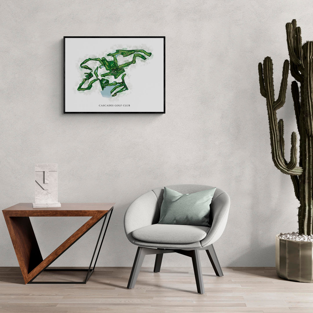 Classic Map of Cascades Golf Club in a living room with large cactus plant