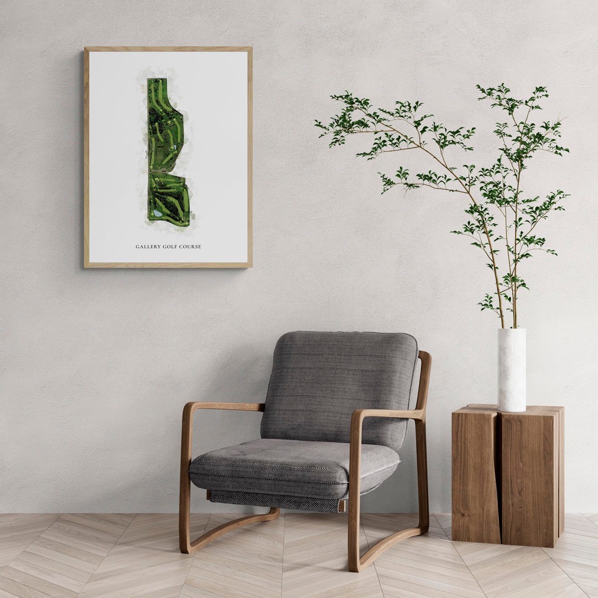 Classic Map of Gallery Golf Course with a comfy armchair and large plant