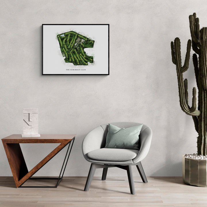 Classic Map of The Suburban Club in a living room with large cactus plant