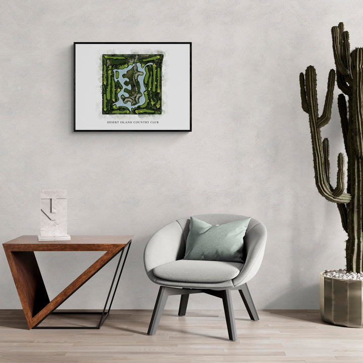 Classic Map of Desert Island Country Club in a living room with large cactus plant