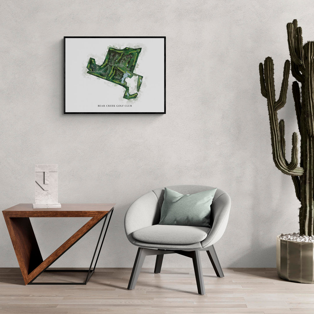 Classic Map of Bear Creek Golf Club in a living room with large cactus plant