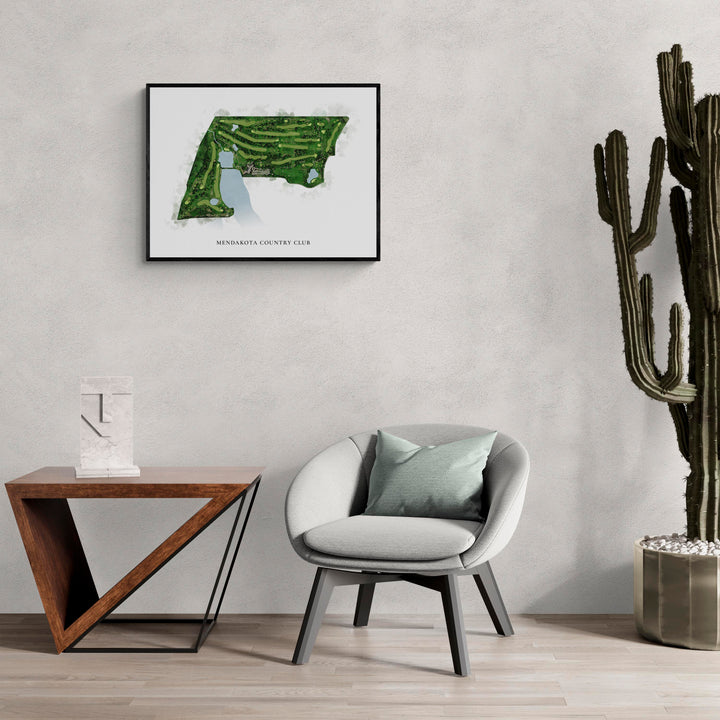 Classic Map of Mendakota Country Club in a living room with large cactus plant