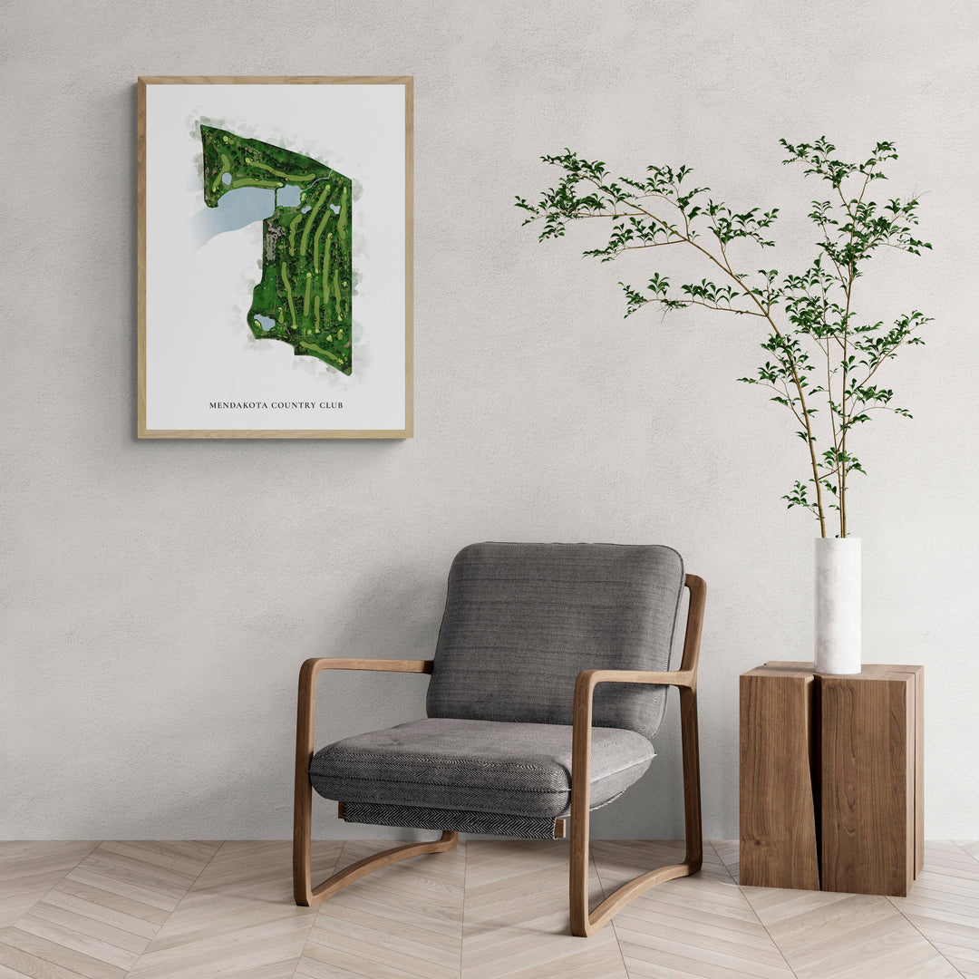 Classic Map of Mendakota Country Club with a comfy armchair and large plant